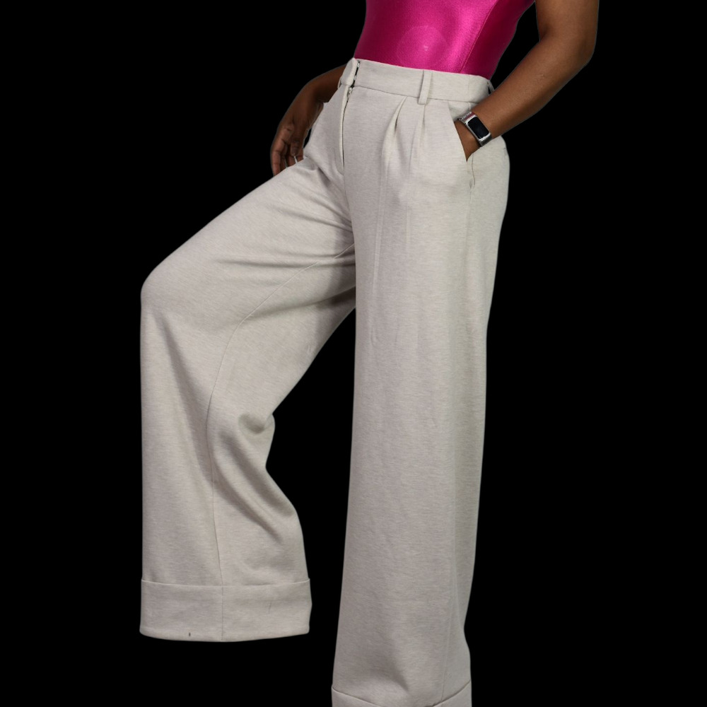 Express Stylist High Rise Pleated Wide Leg Trouser Beige Knit Cuffed Pant 2 Long